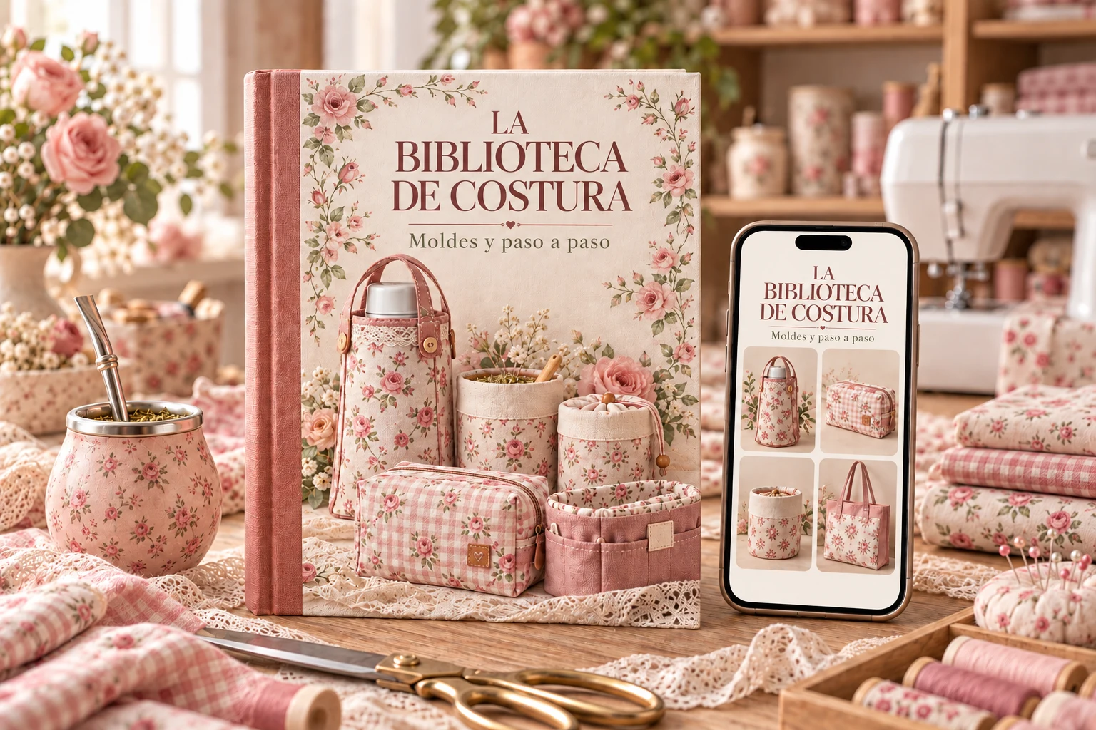 Presentación editorial de La Biblioteca de Costura con libro, celular y accesorios de tela